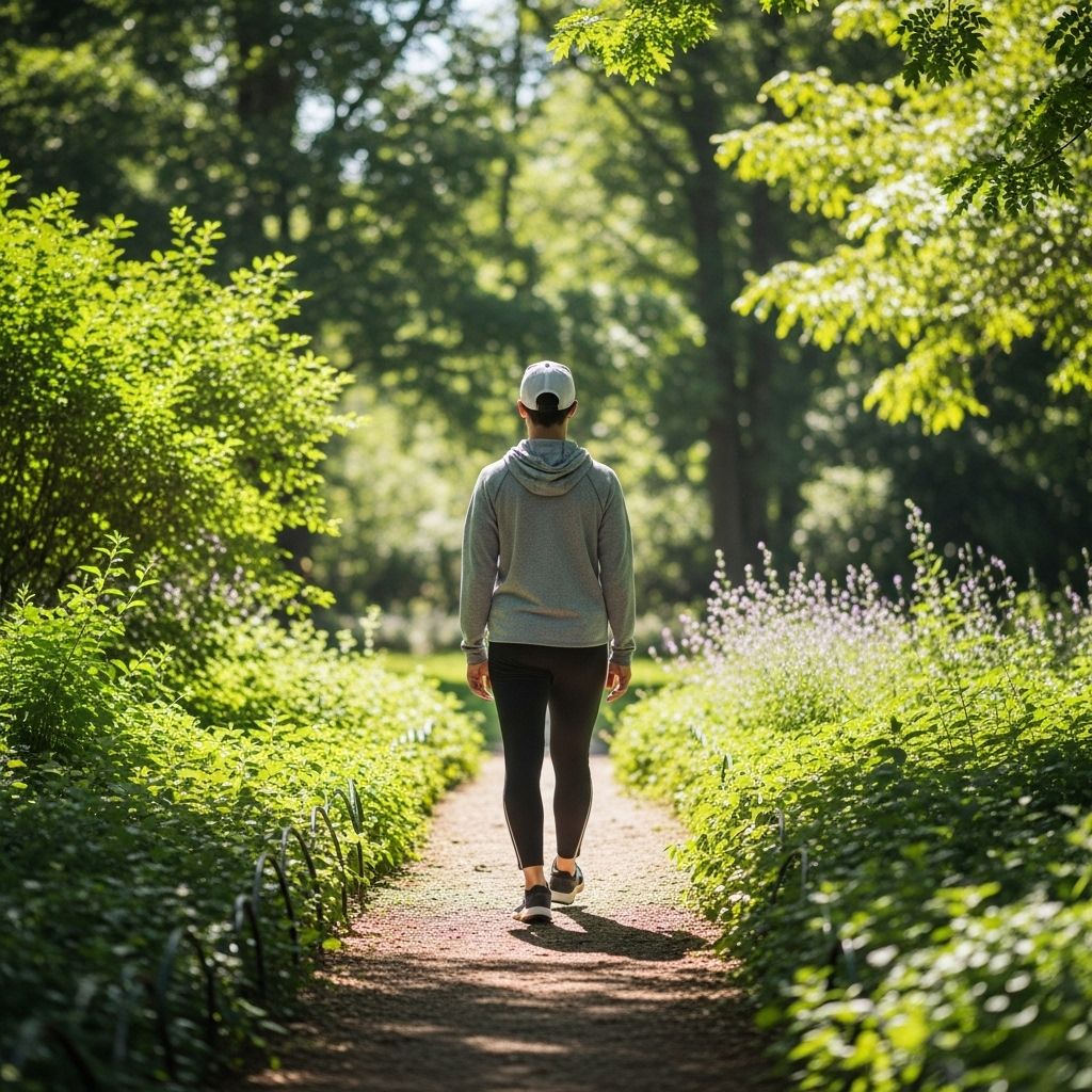Person som promenerar i en park omgiven av grönska på en solig dag, klädd i casual sportkläder, sedda bakifrån i en lugn naturmiljö