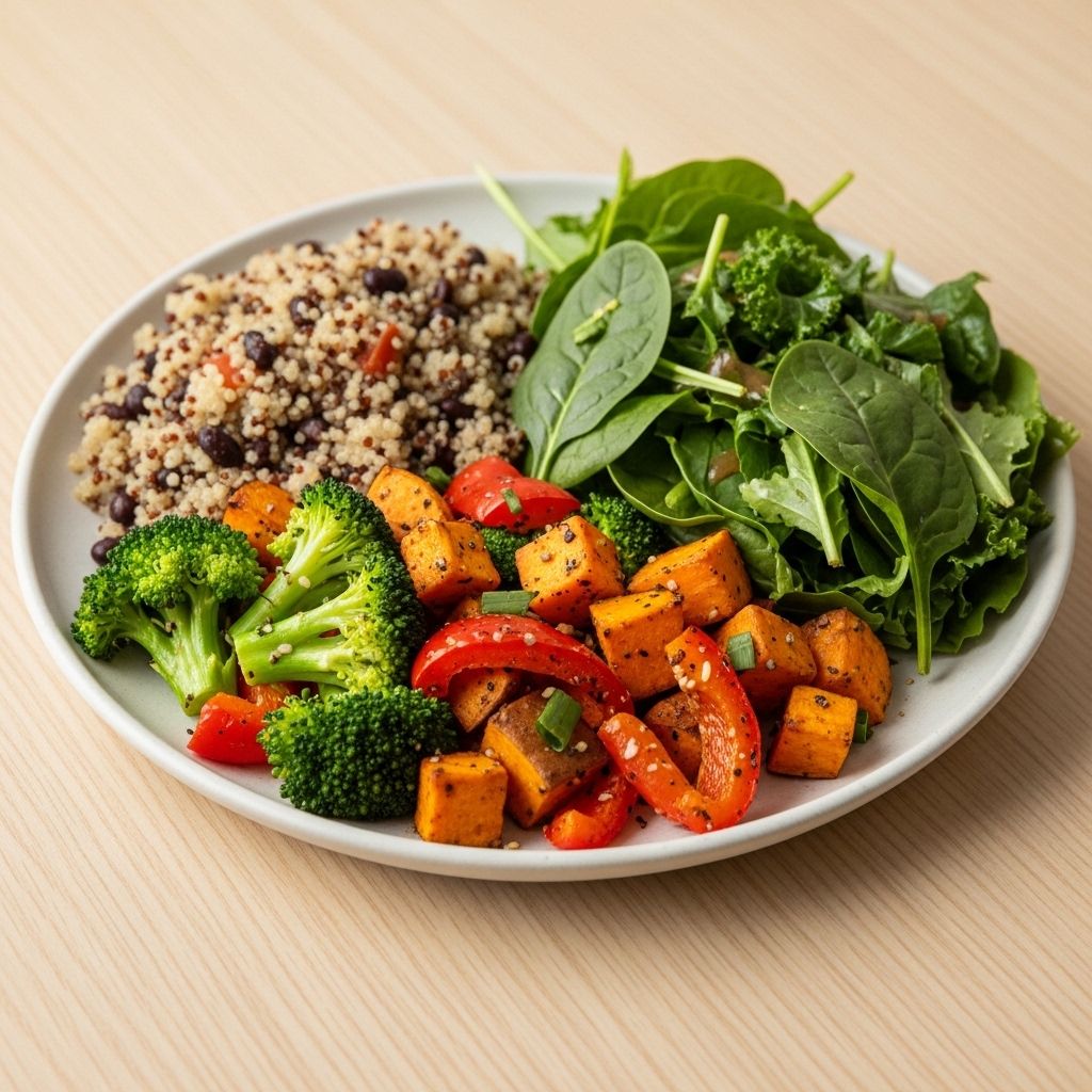 Färgglad tallrik med balanserat innehåll av grönsaker, fullkornsprodukter och baljväxter arrangerade i tydliga sektioner på ett träbord