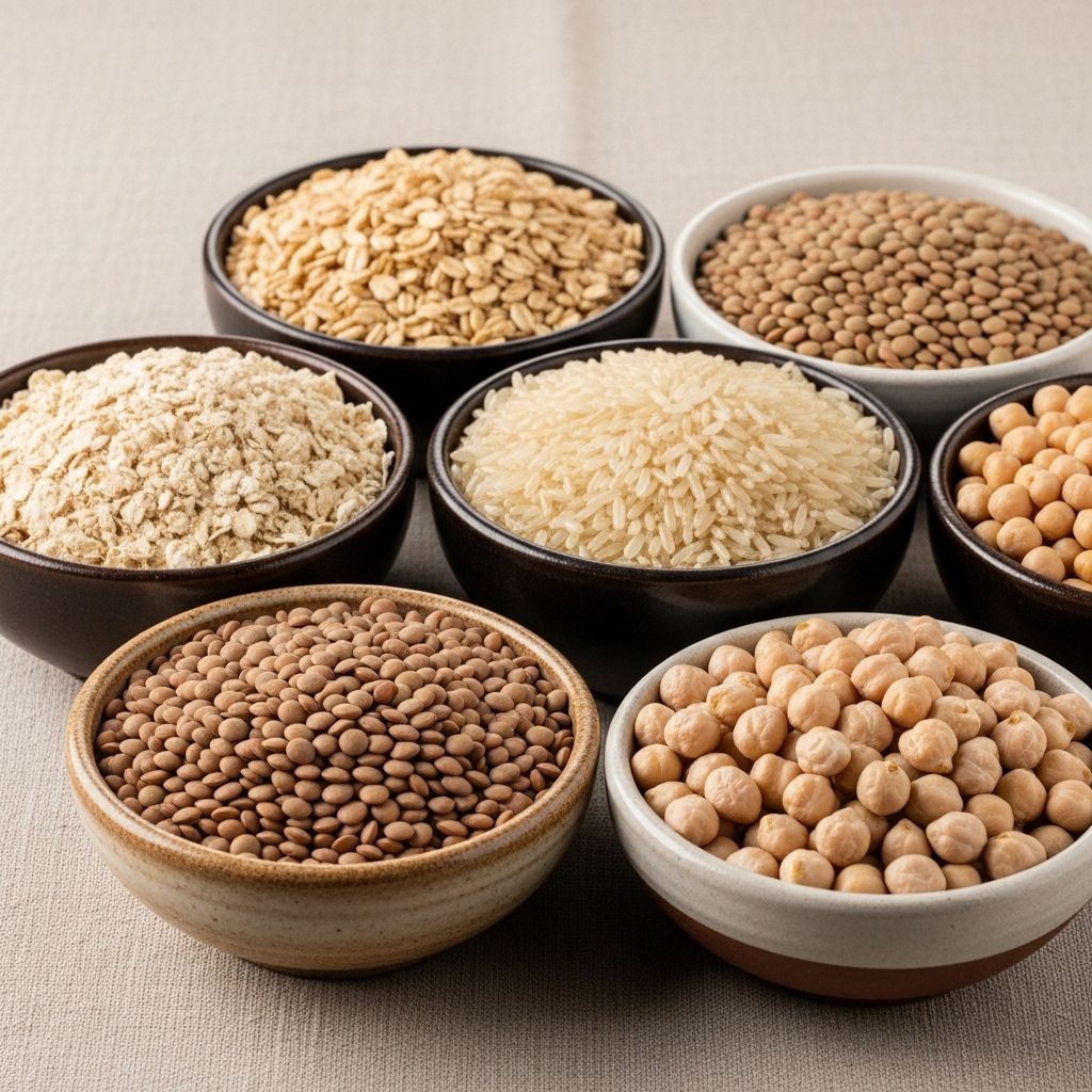 Sortiment av fullkornsprodukter inklusive havregryn, brunt ris, linser och kikärtor placerade i separata skålar på ett beige bord