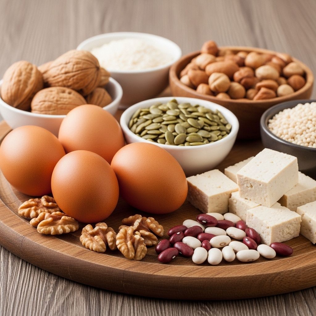 Urval av proteinrika livsmedel inklusive ägg, nötter, frön, bönor och tofu arrangerade på en träskärbräda