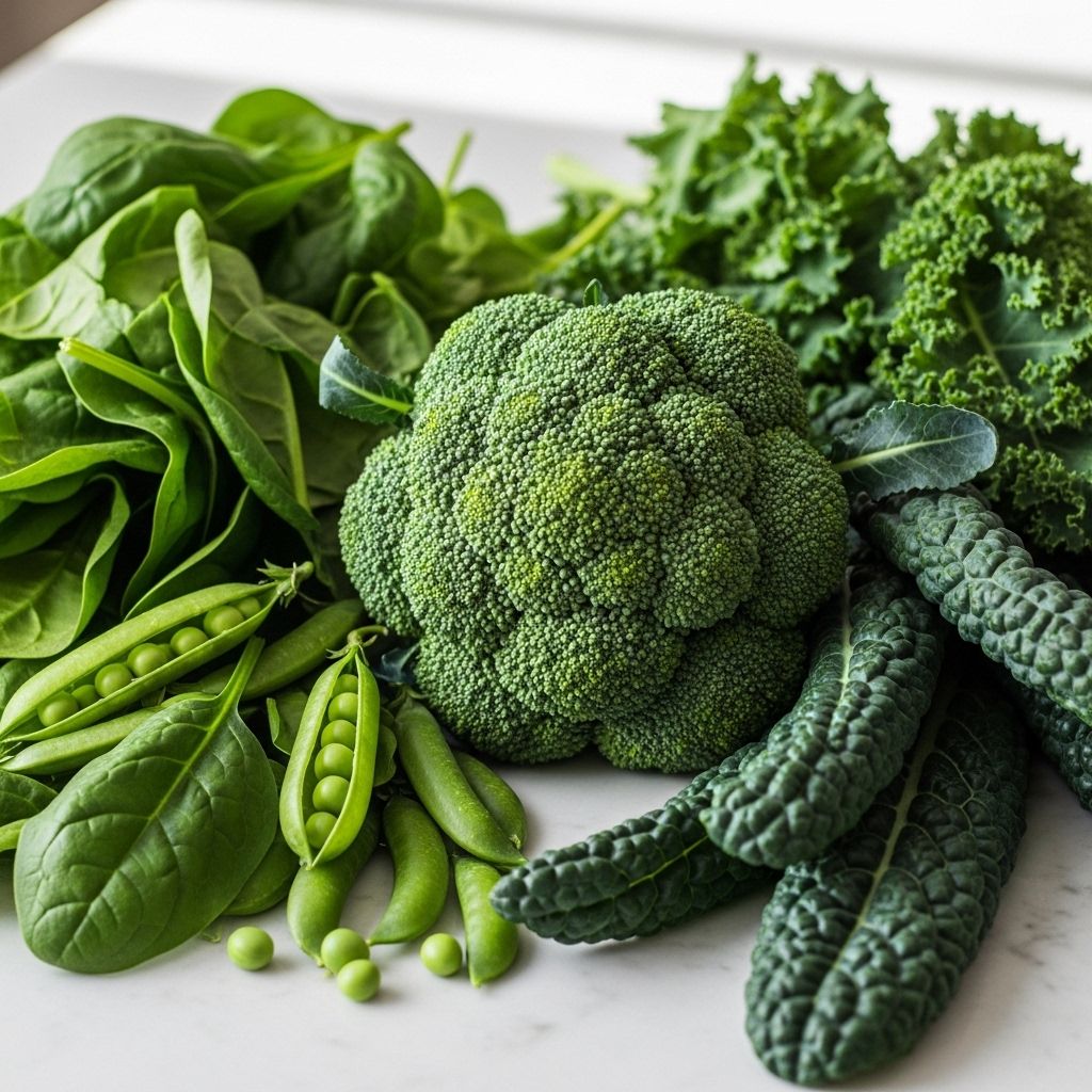 Färska gröna grönsaker inklusive broccoli, spenat, ärtor och grönkål samlade på en ljus köksyta