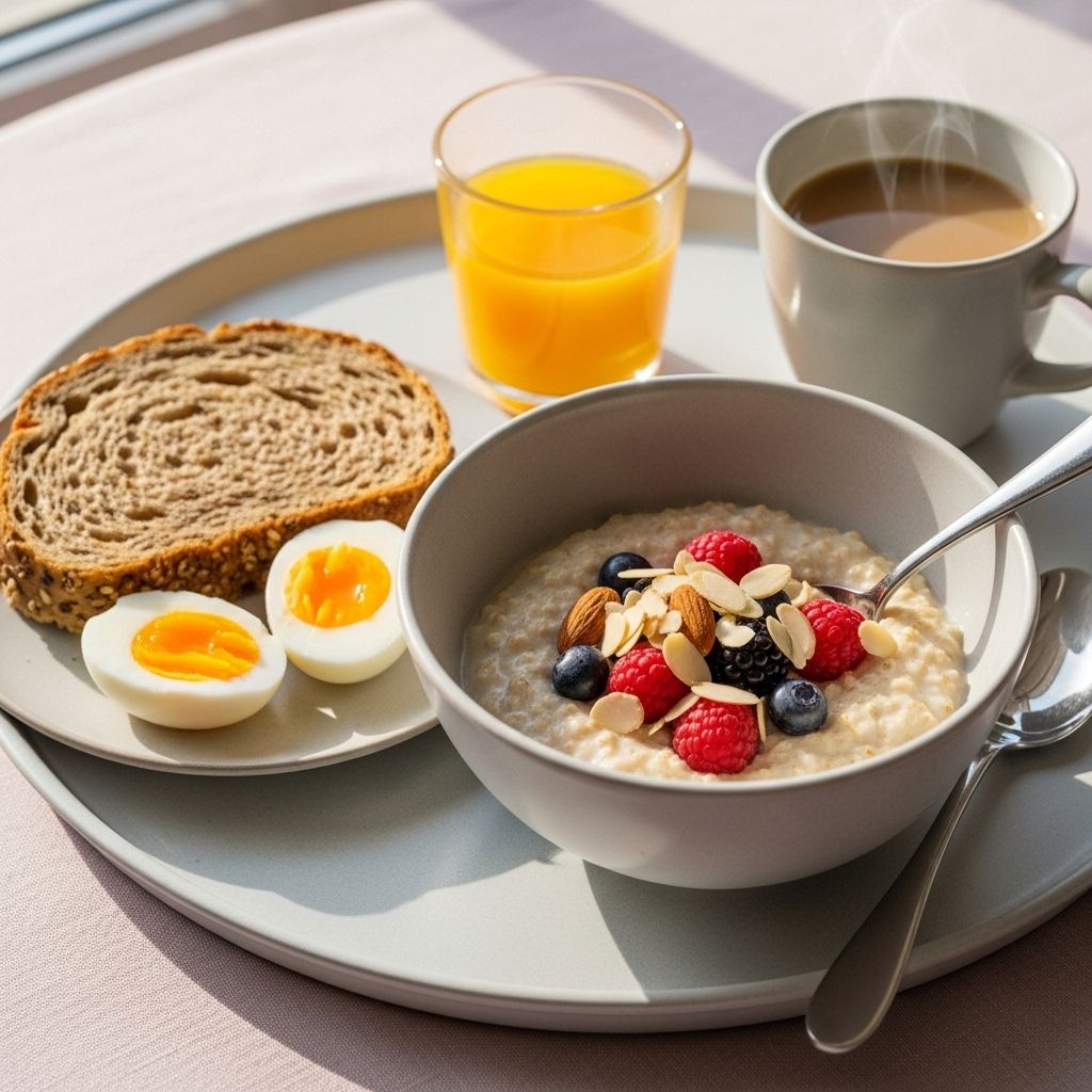 Närbild på en välbalanserad frukostbricka med havregryn, mandlar, fullkornsbröd och ett kokt ägg på en pastellfärgad duk