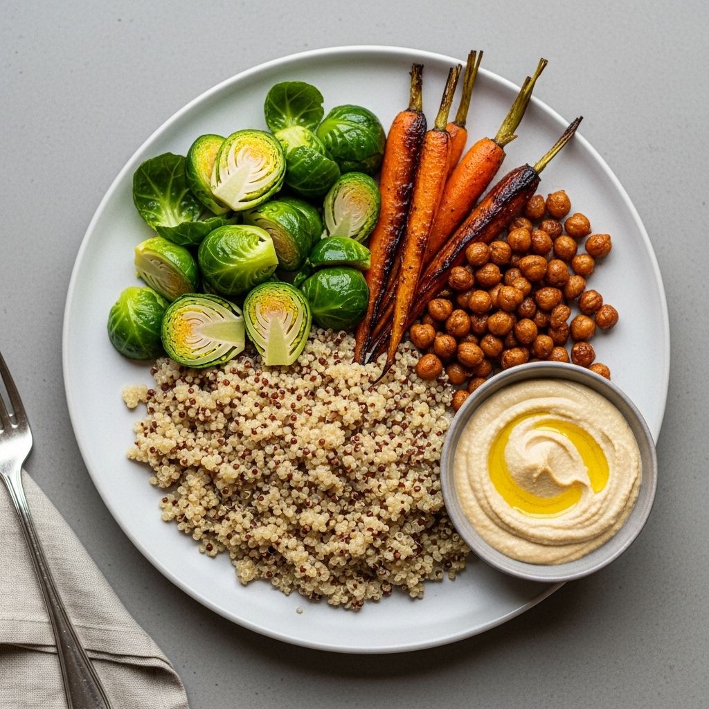Välbalanserad tallrik med kokt quinoa, ångade brysselkål, rostade morötter och kikärtor med en skål hummus vid sidan om på ett grått bord