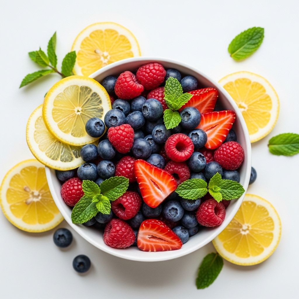 Ovanifrånvy av en skål med blandade bär – blåbär, hallon, jordgubbar – omgivna av citronskivor och myntakvistar på en vit bakgrund