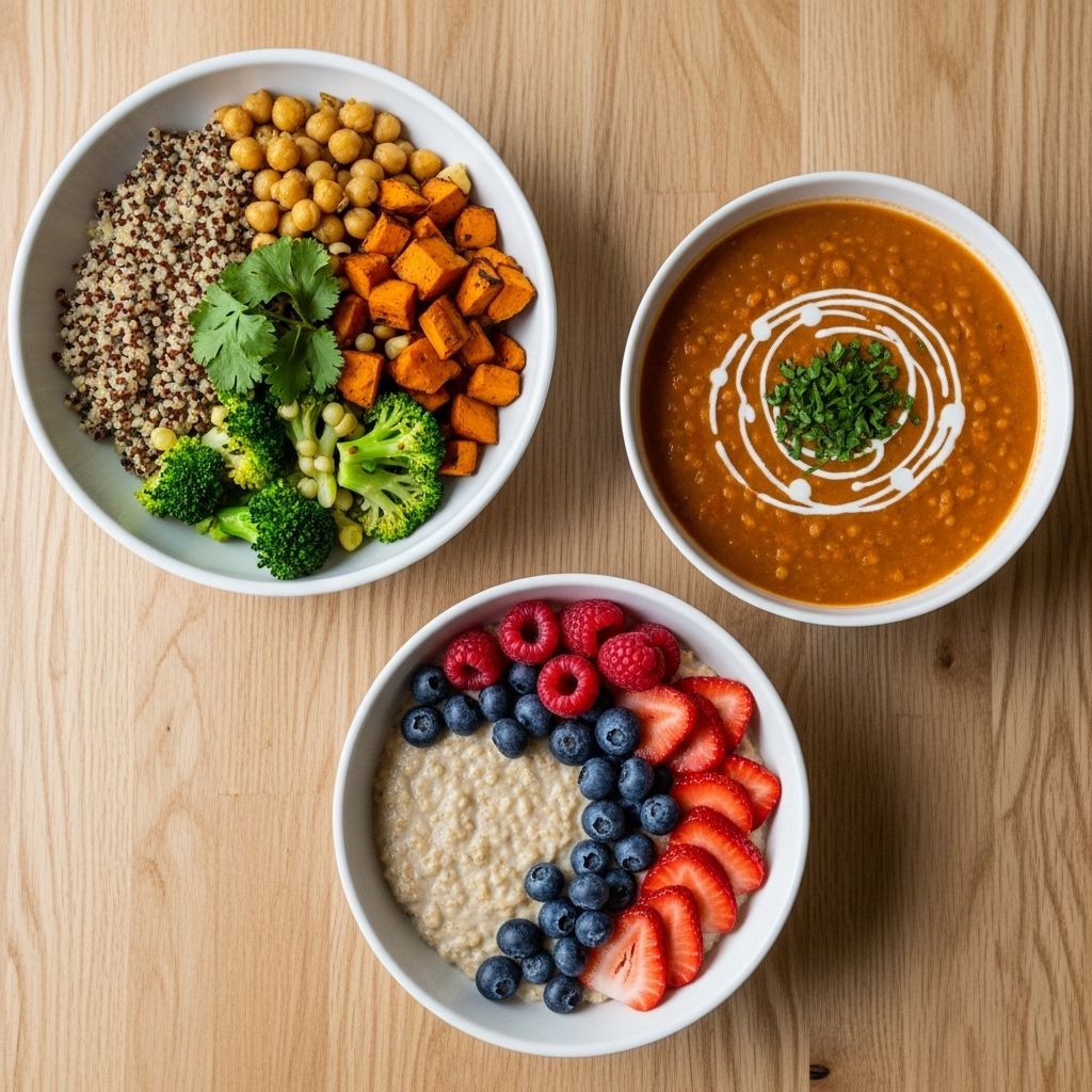 Ovanifrånbild av tre skålar med veganska måltider – en kornbaserad skål med grönsaker, en linssoppa och en havrefrukost med bär – på ett rent träbord